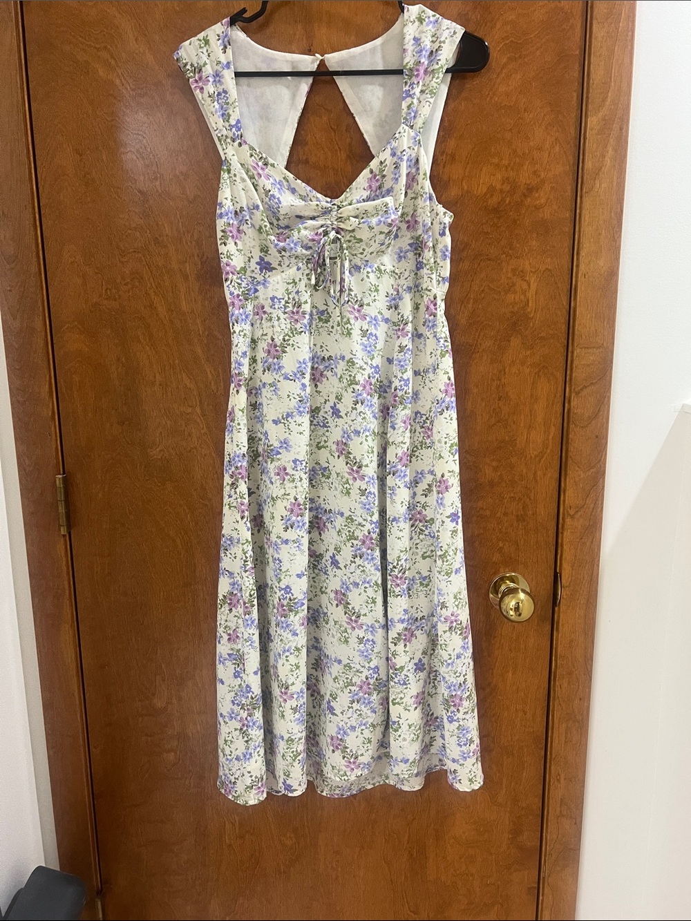 Astr Cream Midi Dress with Lavender Floral Print and Green Accents